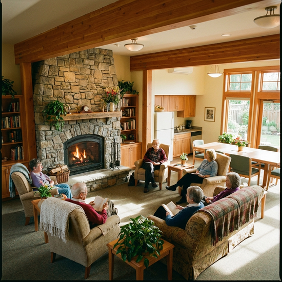 Gemeinschaftsraum im Hospiz mit Kamin und Sitzecke