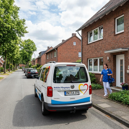 Mobiles Pflegeteam Auto vor einem Wohnhaus