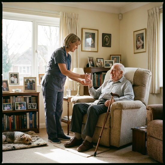 Pflegekraft reicht Patienten zu Hause ein Glas Wasser