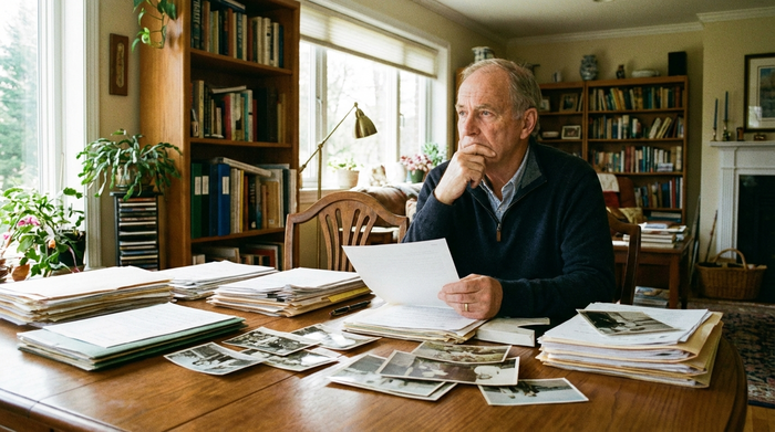 Person sitzt am Tisch und sortiert Unterlagen, nachdenklicher Blick