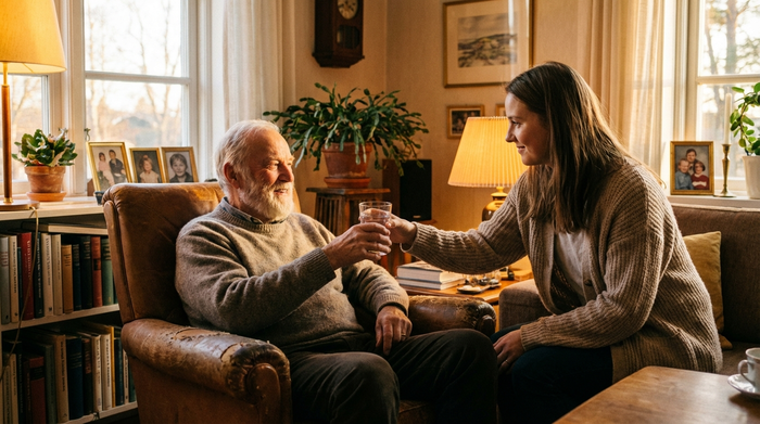 Älterer Herr sitzt entspannt in seinem Sessel im Wohnzimmer, eine Angehörige reicht ihm ein Glas Wasser, warme Lichtstimmung.