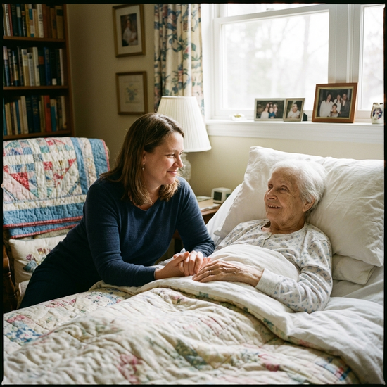 Tochter hält die Hand ihrer Mutter im Bett, friedliche Atmosphäre