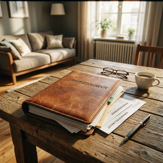 Mappe mit Vorsorgedokumenten auf dem Tisch