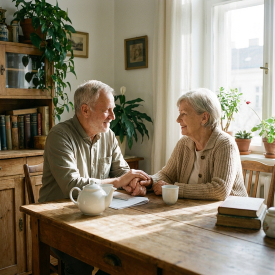 Arzt im Gespräch mit Seniorin am Küchentisch, beide wirken vertraut und ruhig
