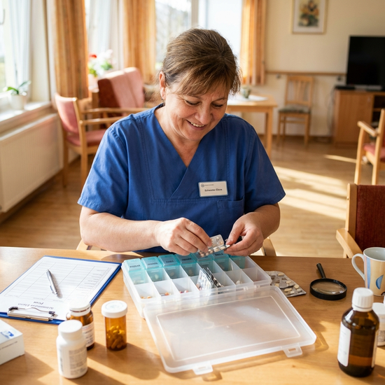 Pflegerin sortiert Medikamente in einer Box auf dem Tisch