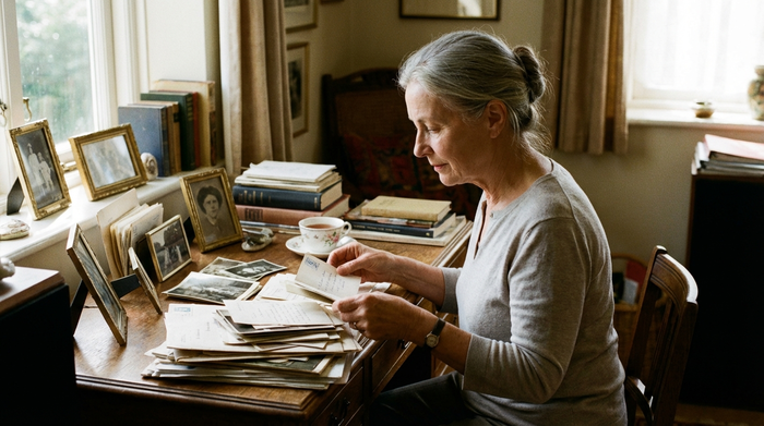 Angehörige sortiert Unterlagen an einem Schreibtisch, wirkt konzentriert aber ruhig.