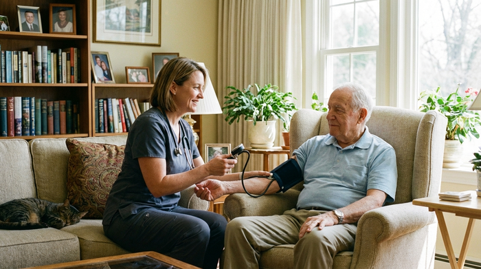 Pflegerin prüft Blutdruck bei Senior im Wohnzimmer