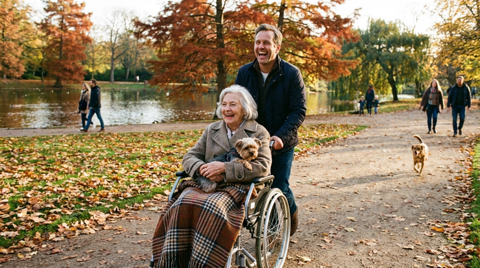 Seniorin wird im Rollstuhl spazieren gefahren