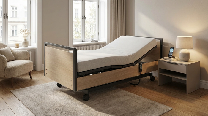 Modernes Pflegebett mit Fernbedienung im Schlafzimmer
