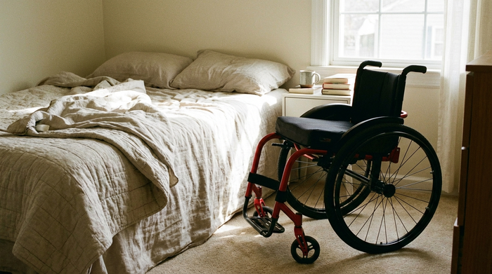 Rollstuhl steht bereit neben dem Bett