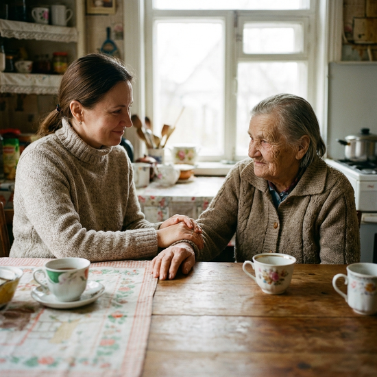 Erwachsene Tochter hält beruhigend die Hand ihrer betagten Mutter am Tisch
