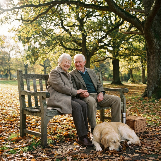 Älteres Ehepaar sitzt entspannt auf einer Parkbank im Grünen