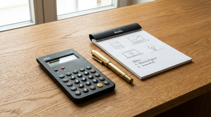 Taschenrechner, Stift und Notizblock auf aufgeräumtem Holztisch