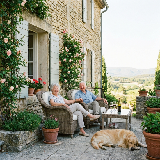 Älteres Ehepaar sitzt entspannt auf der Terrasse ihres Hauses