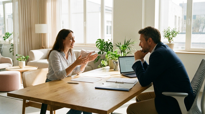 Beratungssituation: Frau im Gespräch mit Experten am Schreibtisch in hellem Raum