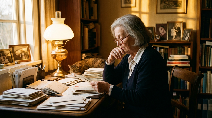 Seniorin sortiert nachdenklich Briefe am Schreibtisch, Stapel von Papieren sichtbar, warmes Licht