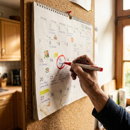 Hand markiert ein Datum in einem Wandkalender mit einem roten Stift