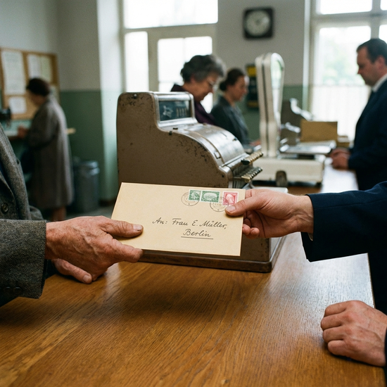 Briefumschlag wird am Postschalter übergeben, Fokus auf Hände und Brief