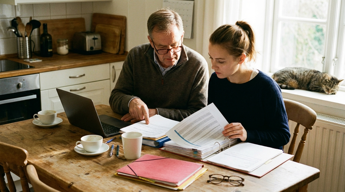 Tochter und Vater sitzen am Tisch und gehen gemeinsam Unterlagen durch, konzentrierte Atmosphäre