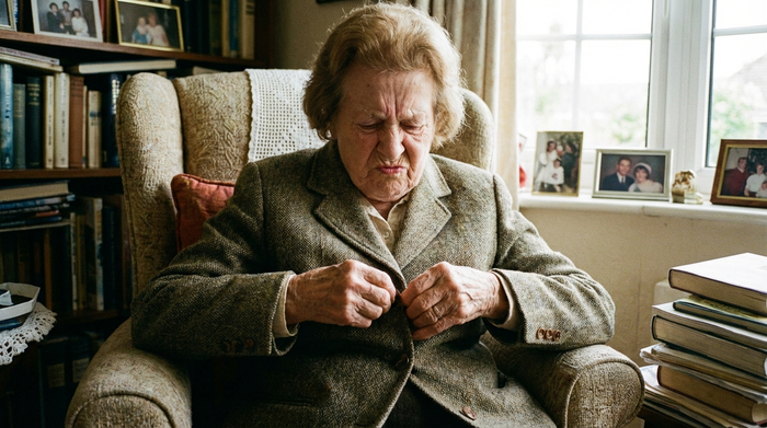 Seniorin versucht mühsam, eine Jacke zuzuknöpfen, Gesichtsausdruck zeigt Anstrengung