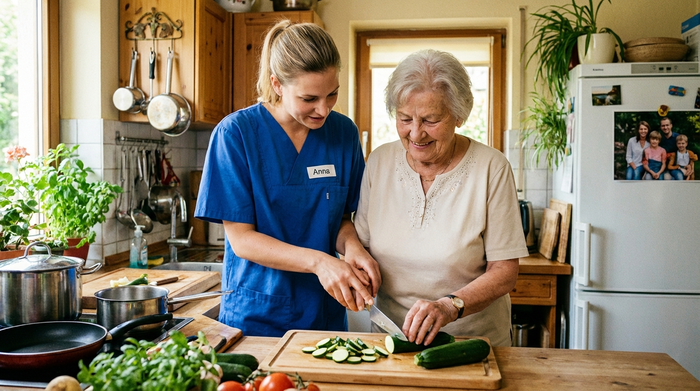 Pflegerin hilft Seniorin beim Schneiden von Gemüse in der Küche