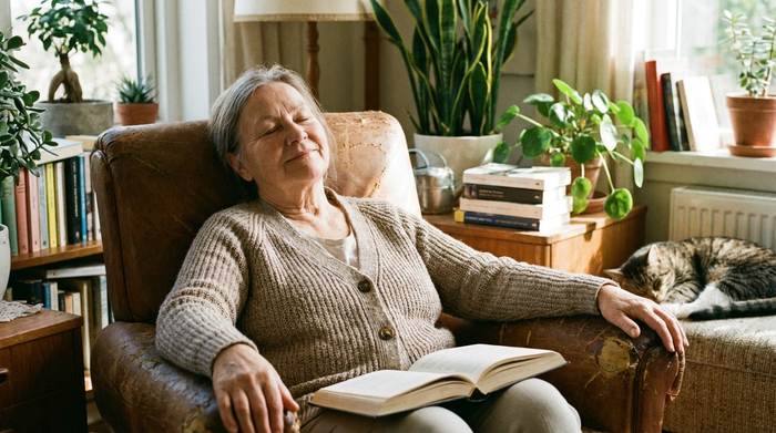 Seniorin sitzt entspannt im Sessel und ruht sich aus, Buch liegt auf dem Schoß