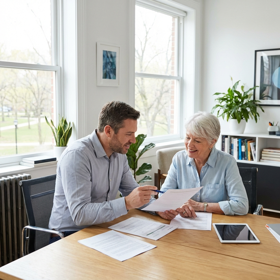 Beratungsgespräch in einem hellen Büro, Berater erklärt Seniorin ein Dokument