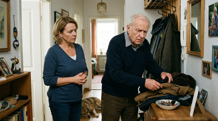 Eine Frau mittleren Alters beobachtet besorgt ihren älteren Vater, der im Flur sichtlich verwirrt nach seinem Schlüssel sucht.