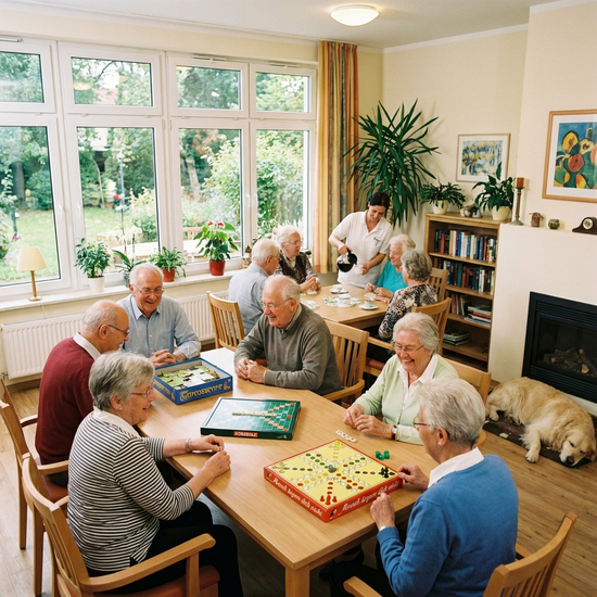 Mehrere Senioren sitzen gemeinsam in einem hellen Raum der Tagespflege und spielen Brettspiele.