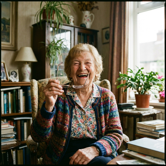 Eine ältere Dame hält lachend ihre Brille in der Hand, die sie gerade wiedergefunden hat.