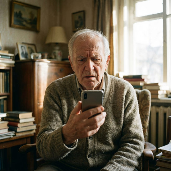 Ein älterer Herr blickt verunsichert und ratlos auf einen alltäglichen Gegenstand in seiner Hand, als wüsste er nicht, was er damit tun soll.