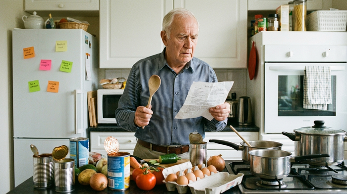 Ein Senior steht ratlos in der Küche vor verschiedenen Zutaten und scheint nicht mehr zu wissen, wie man kocht.