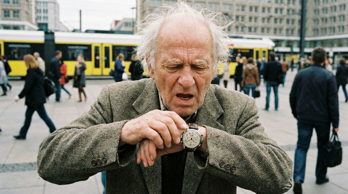 Ein älterer Mann blickt verwirrt auf seine Armbanduhr, als könne er die Zeit nicht lesen.