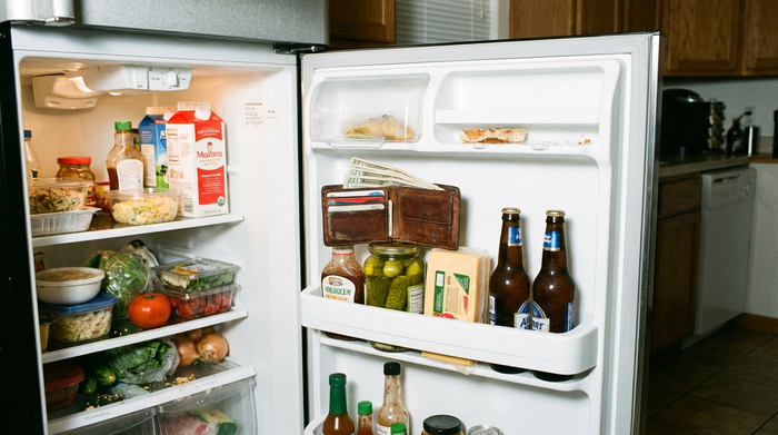 Eine geöffnete Kühlschranktür, in der zwischen Lebensmitteln ein Geldbeutel liegt.