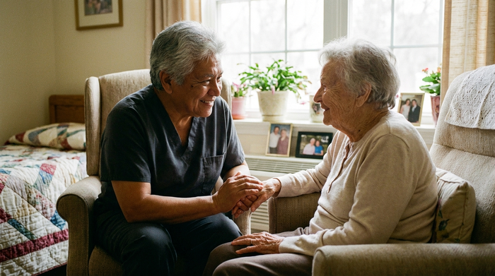 Eine freundliche Pflegerin hält sanft die Hand einer Seniorin und hält dabei warmen Augenkontakt.