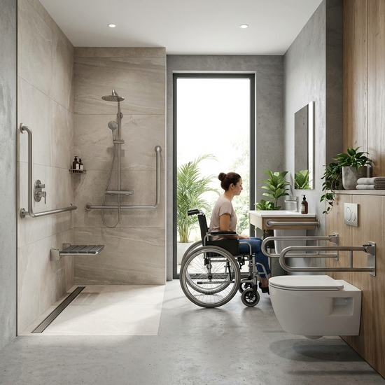 Modernes, barrierefreies Badezimmer mit ebenerdiger Dusche und stabilen Haltegriffen an der Wand.