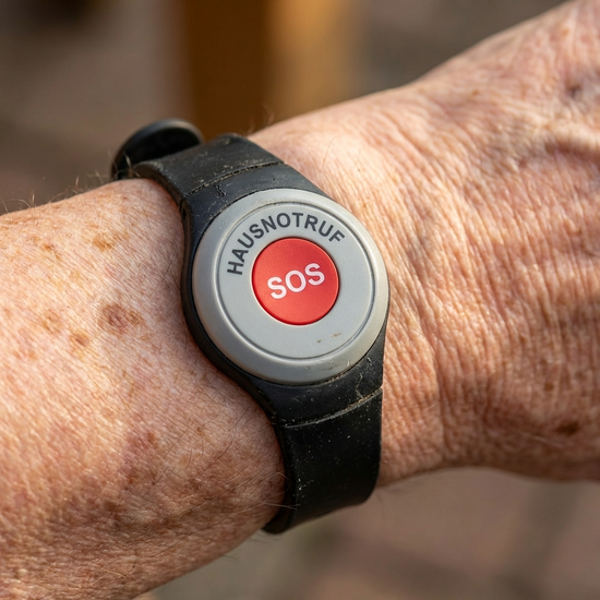 Ein Hausnotruf-Armband am Handgelenk eines Seniors, Nahaufnahme.