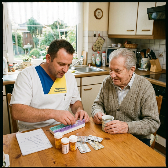 Ein Pflegedienstmitarbeiter sortiert Medikamente für einen älteren Herrn am Küchentisch.