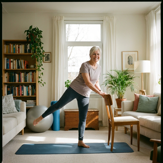 Seniorin bei leichter Gymnastik im Wohnzimmer, lächelnd, gepflegtes Ambiente