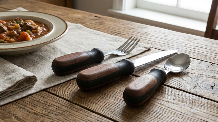 Besteck mit verdickten Griffen auf Tisch