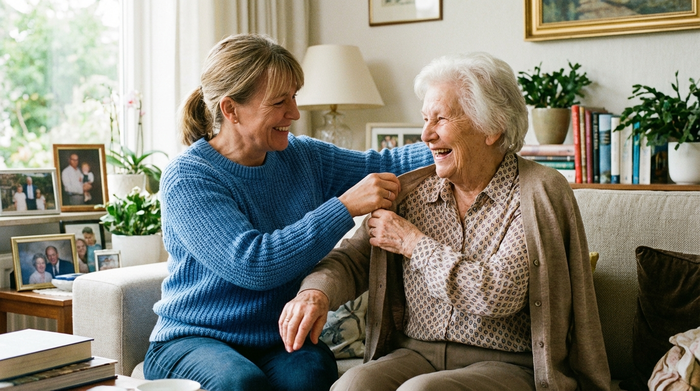 Freundliche Pflegerin unterstützt Seniorin beim Anziehen
