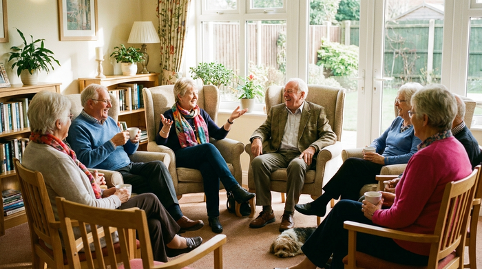 Seniorengruppe bei entspannter Unterhaltung im Stuhlkreis