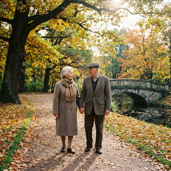 Älteres Ehepaar beim gemeinsamen Spaziergang im Park