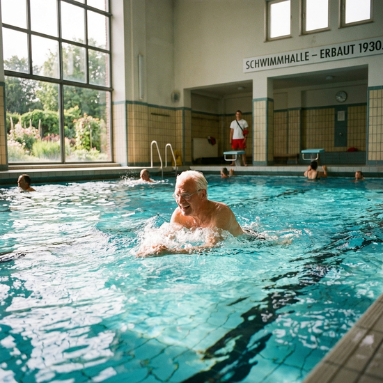 Älterer Herr beim Schwimmen im Hallenbad