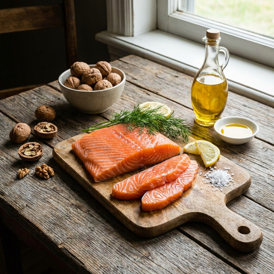 Frischer Lachs, Walnüsse und Leinöl auf einem Holztisch arrangiert
