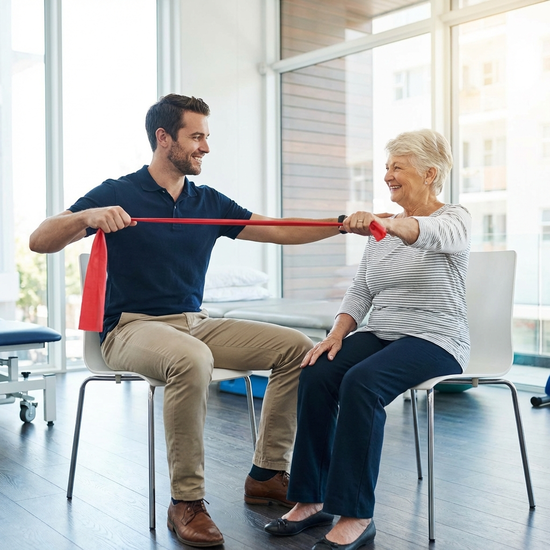 Physiotherapeut zeigt Seniorin Übung mit Gymnastikband