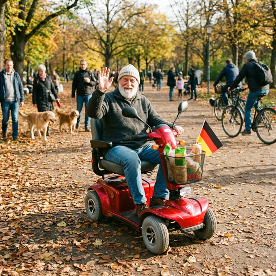 Senior auf einem roten Elektromobil im Park