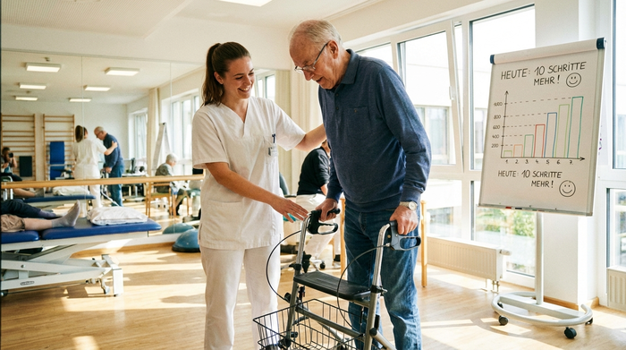 Freundliche Physiotherapeutin unterstützt älteren Herrn bei Gehübungen im hellen Reha-Zentrum, Fokus auf die unterstützende Haltung und den Fortschritt