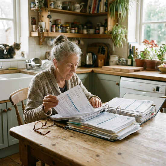 Ältere Dame sitzt am Küchentisch und sortiert konzentriert Unterlagen und Formulare, eine Brille liegt griffbereit daneben