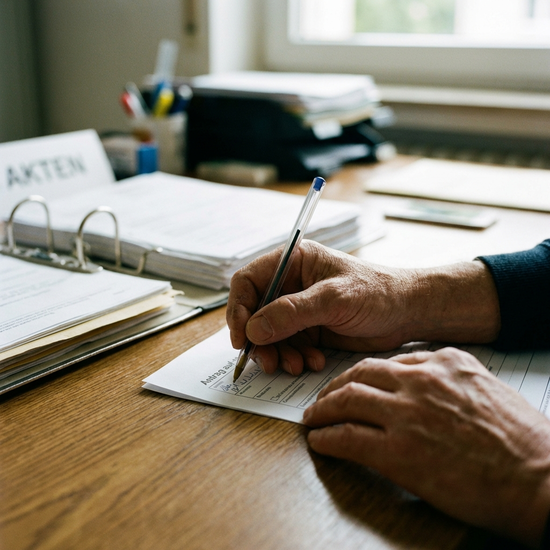 Nahaufnahme von Händen, die einen Kugelschreiber halten und ein Formular ausfüllen, im Hintergrund unscharf ein Ordner